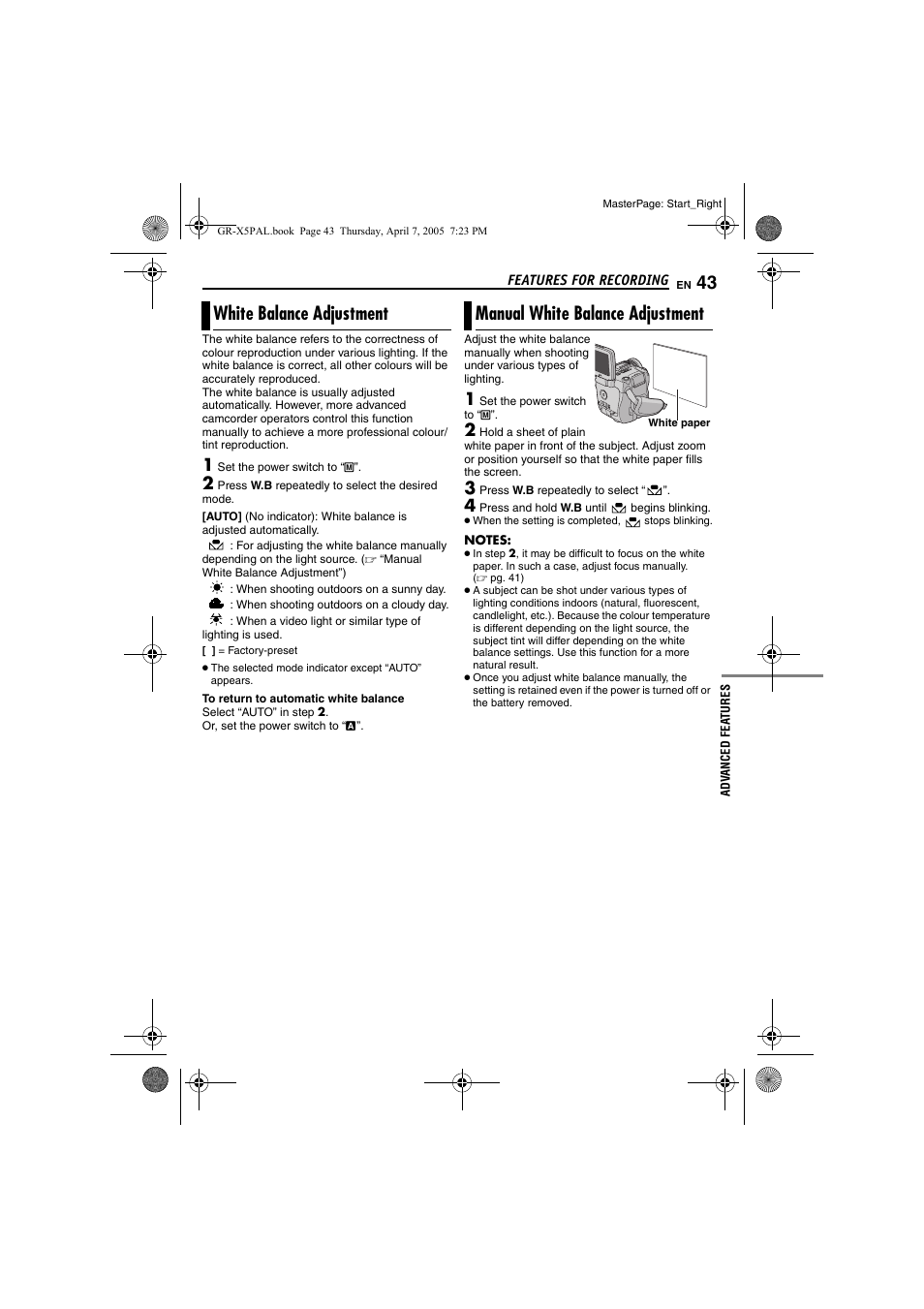 White balance adjustment, Manual white balance adjustment, 43 manual white balance adjustment | Pg. 43) | JVC GR-X5EK User Manual | Page 43 / 64