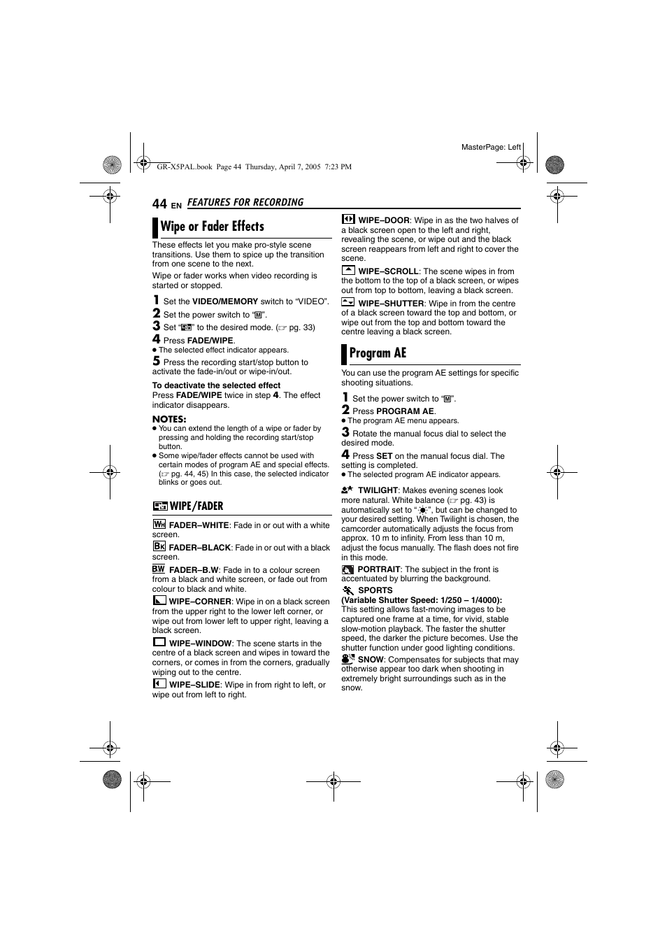 Wipe or fader effects, Wipe/fader, Program ae | Pg. 44), Pg. 44, 44 program ae, Ade/wipe, Wipe or fader effects program ae | JVC GR-X5EK User Manual | Page 44 / 64