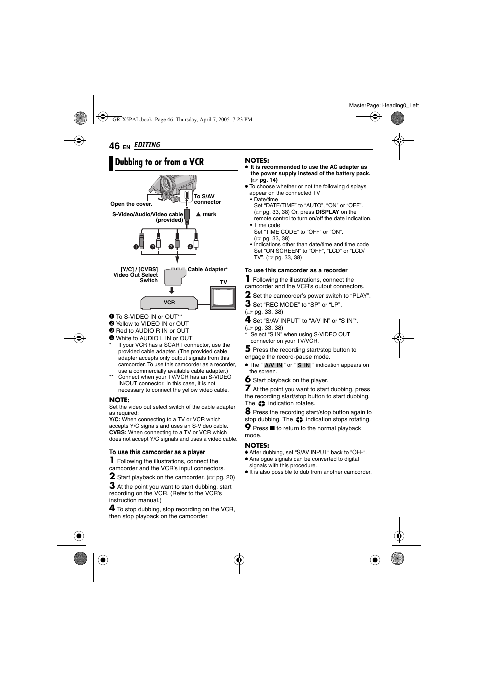 Editing, Dubbing to or from a vcr, Pg. 46, 47 | Pg. 46) | JVC GR-X5EK User Manual | Page 46 / 64