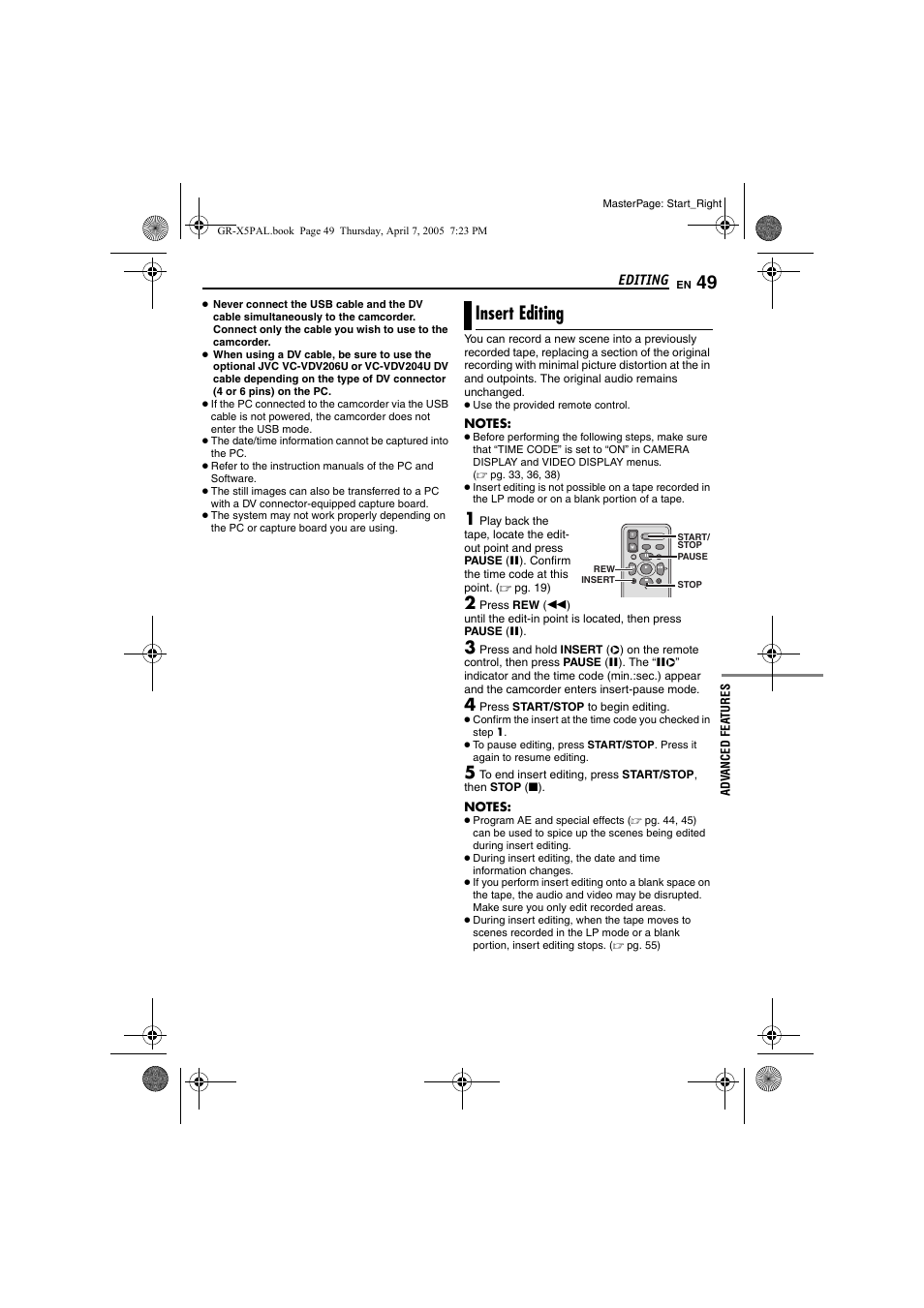 Insert editing, Pg. 49), Pg. 49) a | JVC GR-X5EK User Manual | Page 49 / 64