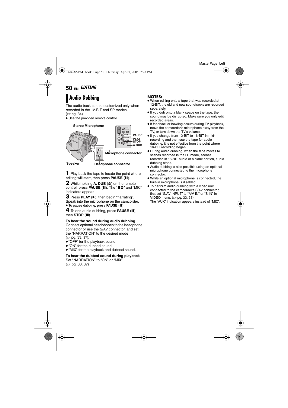 Audio dubbing, Pg. 50), Pg. 50 | Pg. 50) and | JVC GR-X5EK User Manual | Page 50 / 64