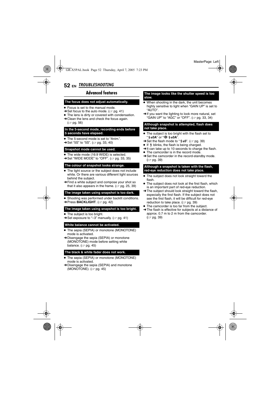 Troubleshooting, Advanced features | JVC GR-X5EK User Manual | Page 52 / 64