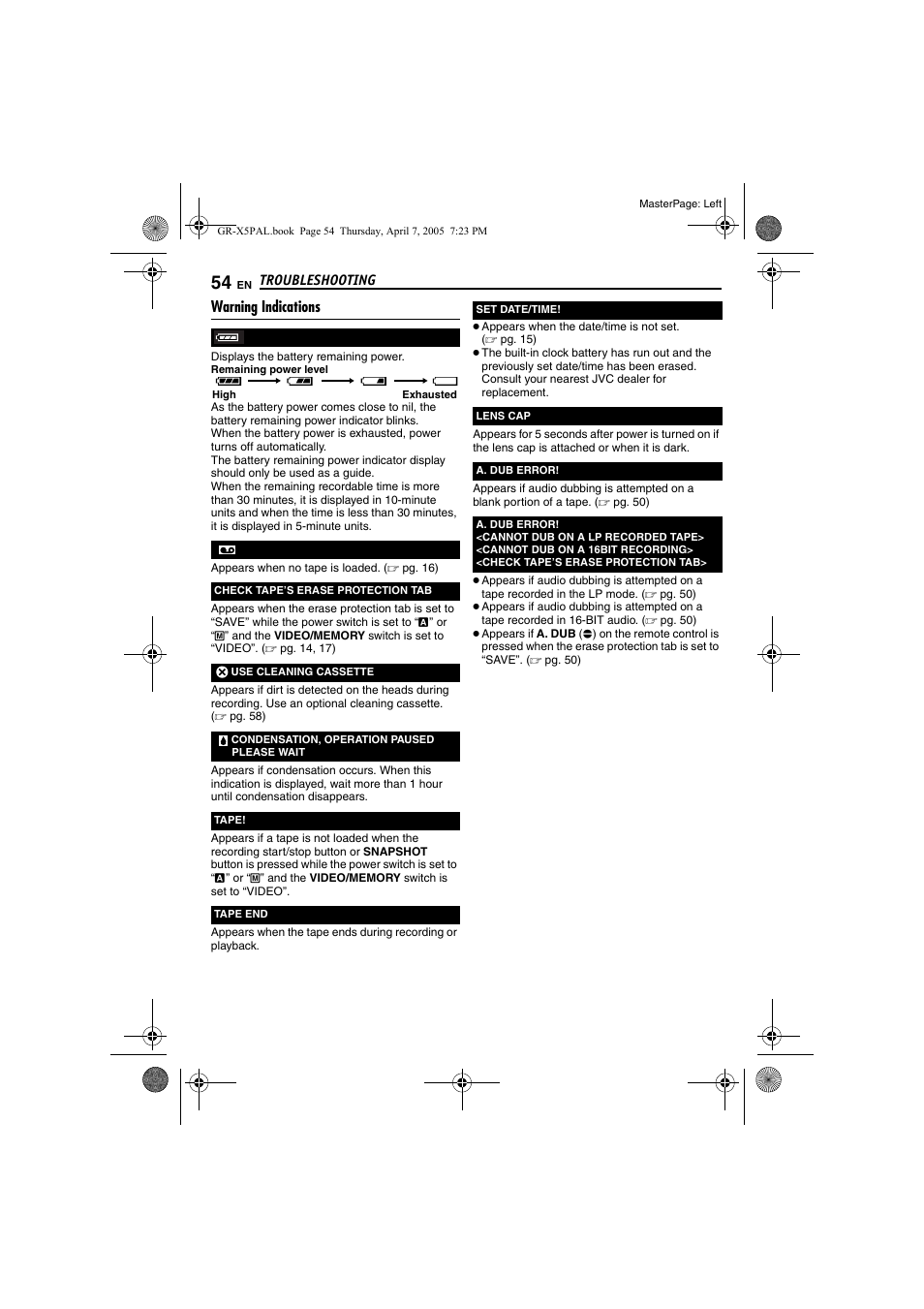 Warning indications, Pg. 54) | JVC GR-X5EK User Manual | Page 54 / 64