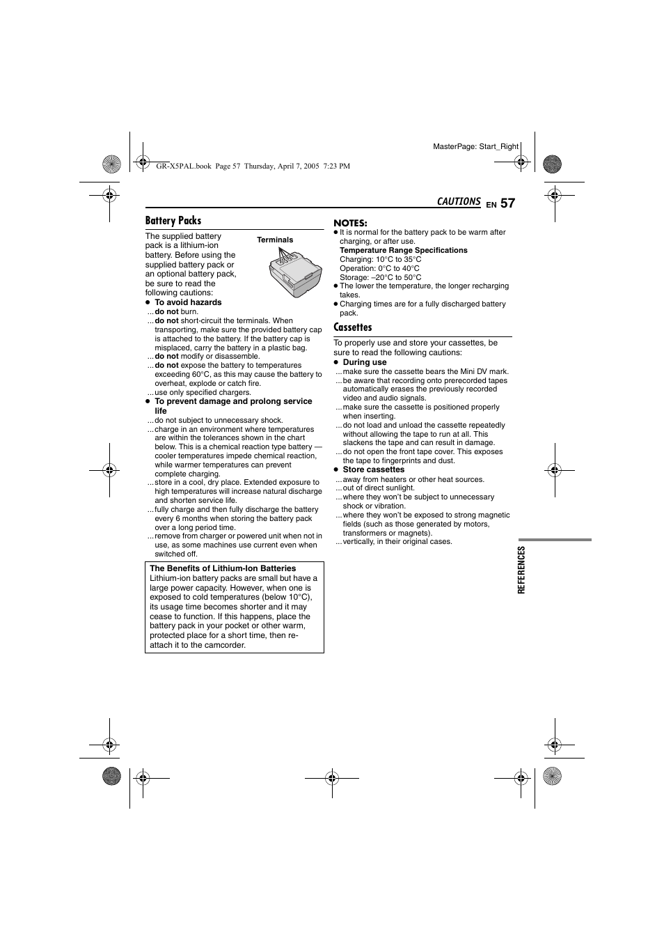 Cautions, Battery packs, Cassettes | Pg. 57) | JVC GR-X5EK User Manual | Page 57 / 64