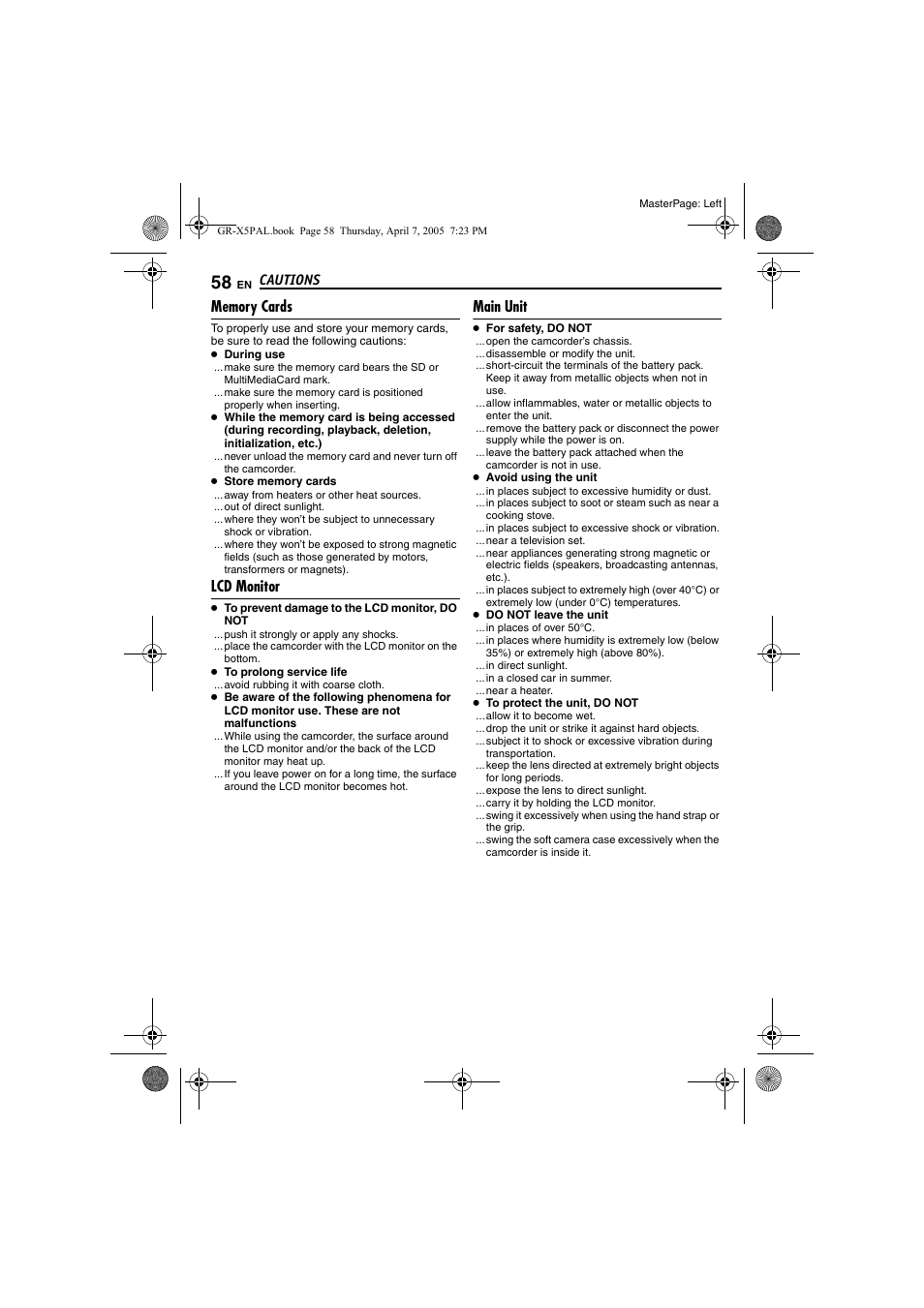 Memory cards, Lcd monitor, Main unit | Pg. 58) | JVC GR-X5EK User Manual | Page 58 / 64