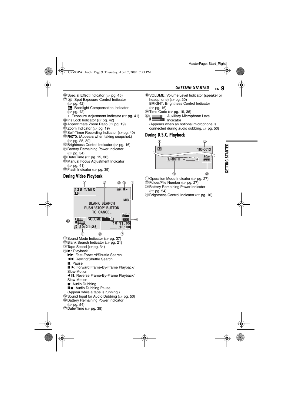 During video playback, During d.s.c. playback | JVC GR-X5EK User Manual | Page 9 / 64