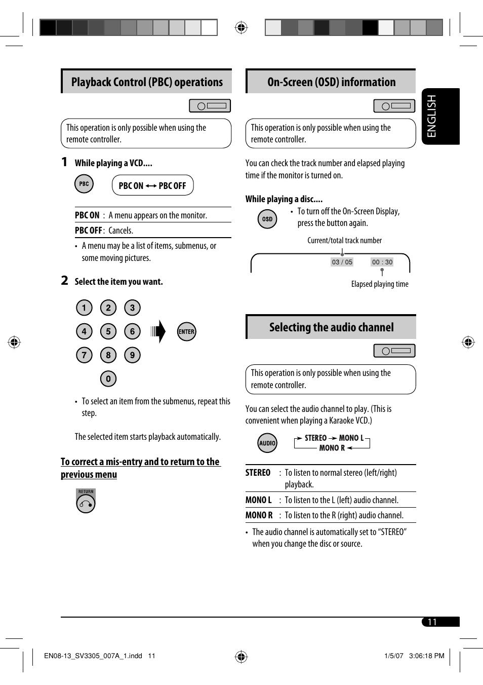 Playback control (pbc) operations, On-screen (osd) information, Selecting the audio channel | English | JVC GET0471-001A User Manual | Page 11 / 60