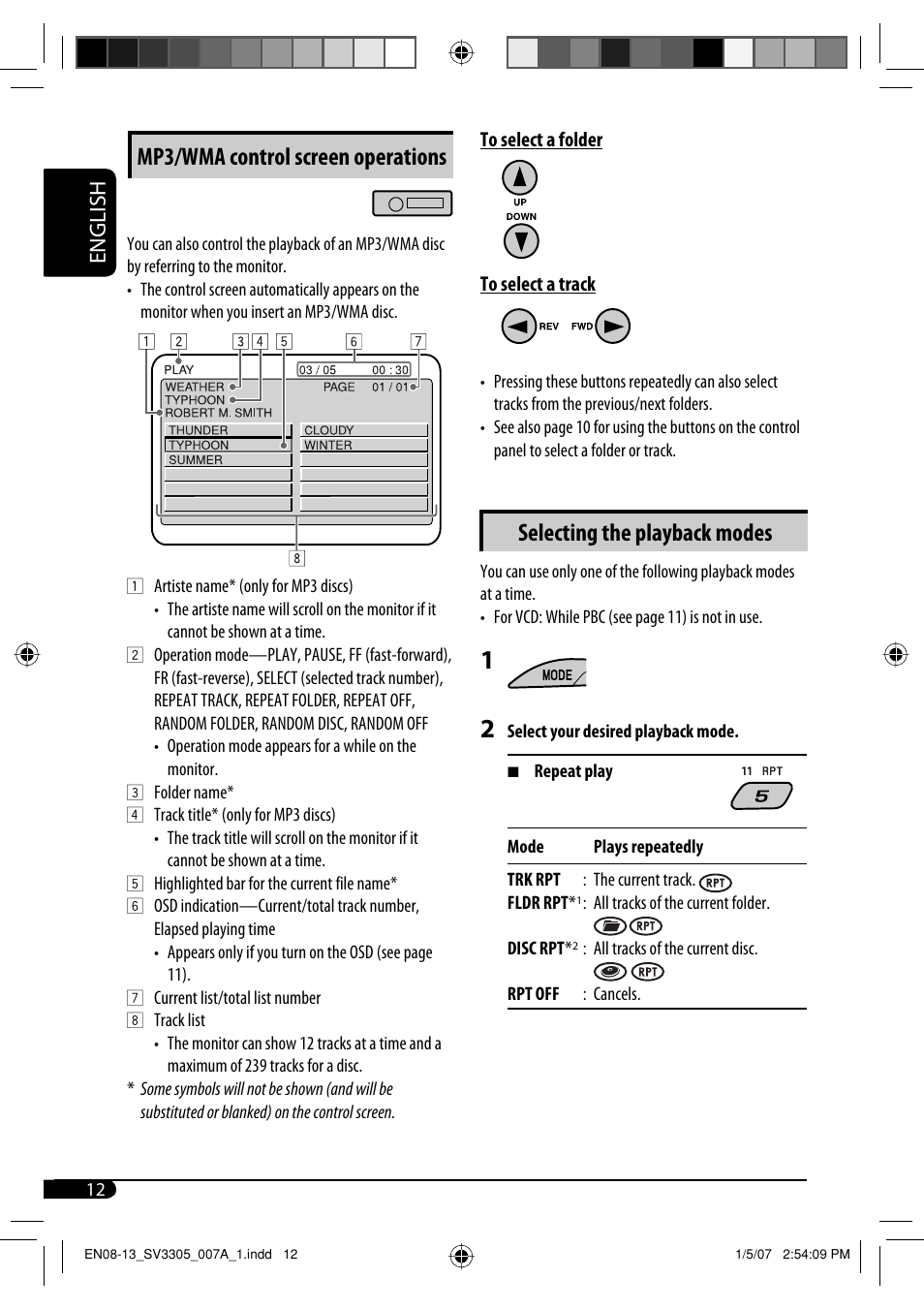 Mp3/wma control screen operations, Selecting the playback modes, English | JVC GET0471-001A User Manual | Page 12 / 60
