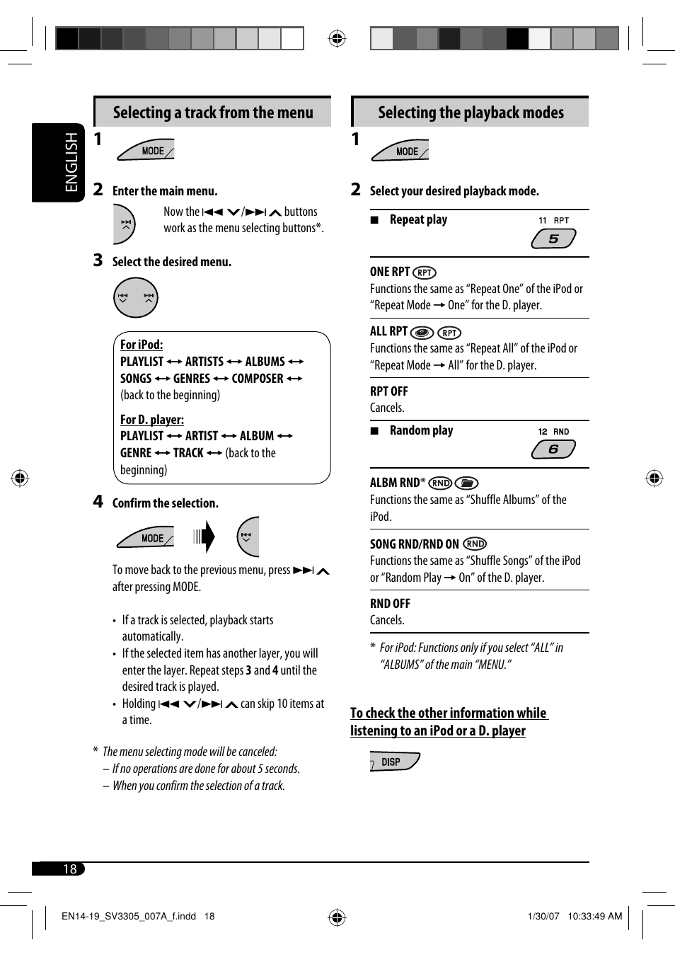 Selecting the playback modes, Selecting a track from the menu, English | JVC GET0471-001A User Manual | Page 18 / 60