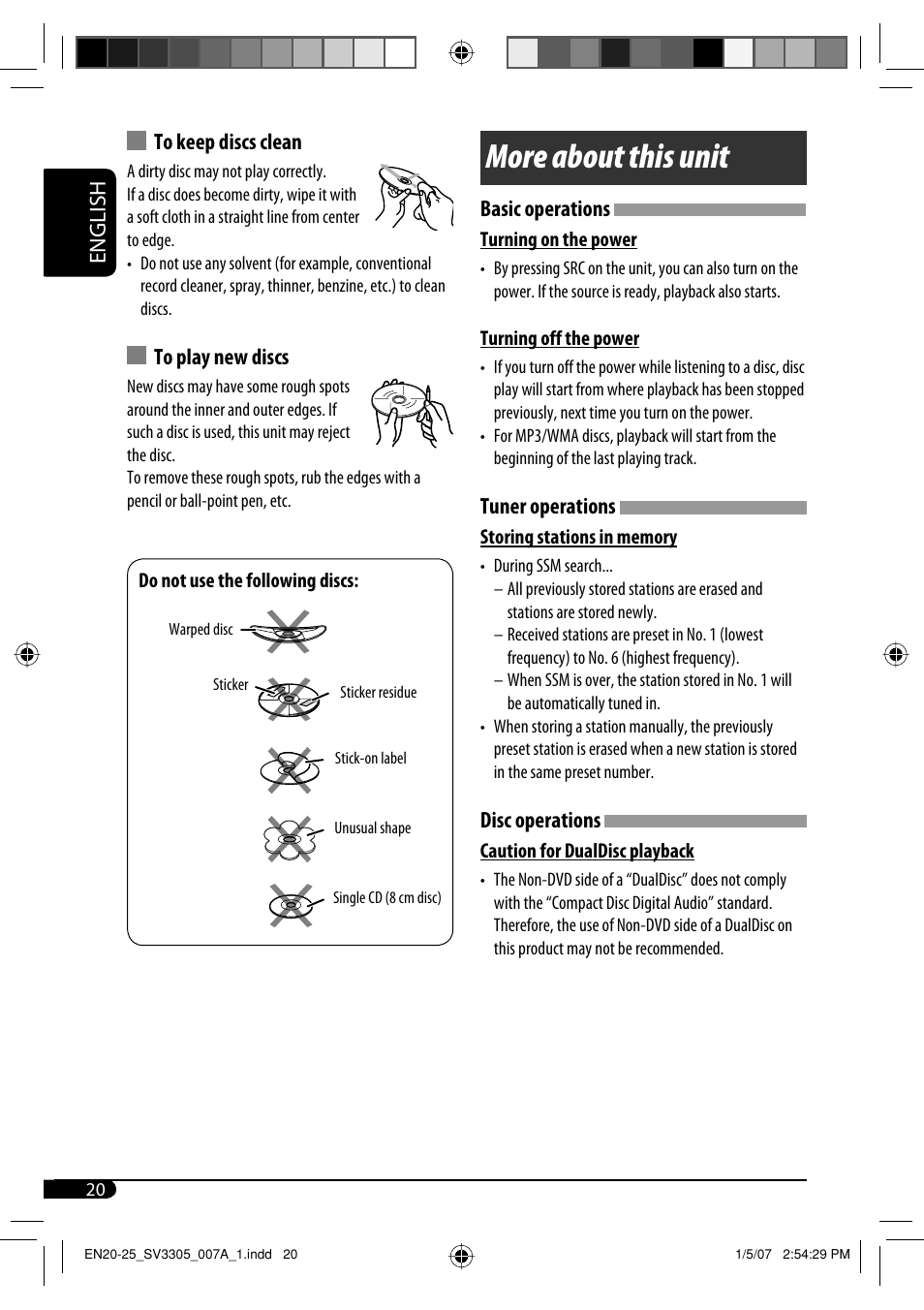 More about this unit, English to keep discs clean, Basic operations | Tuner operations, Disc operations | JVC GET0471-001A User Manual | Page 20 / 60