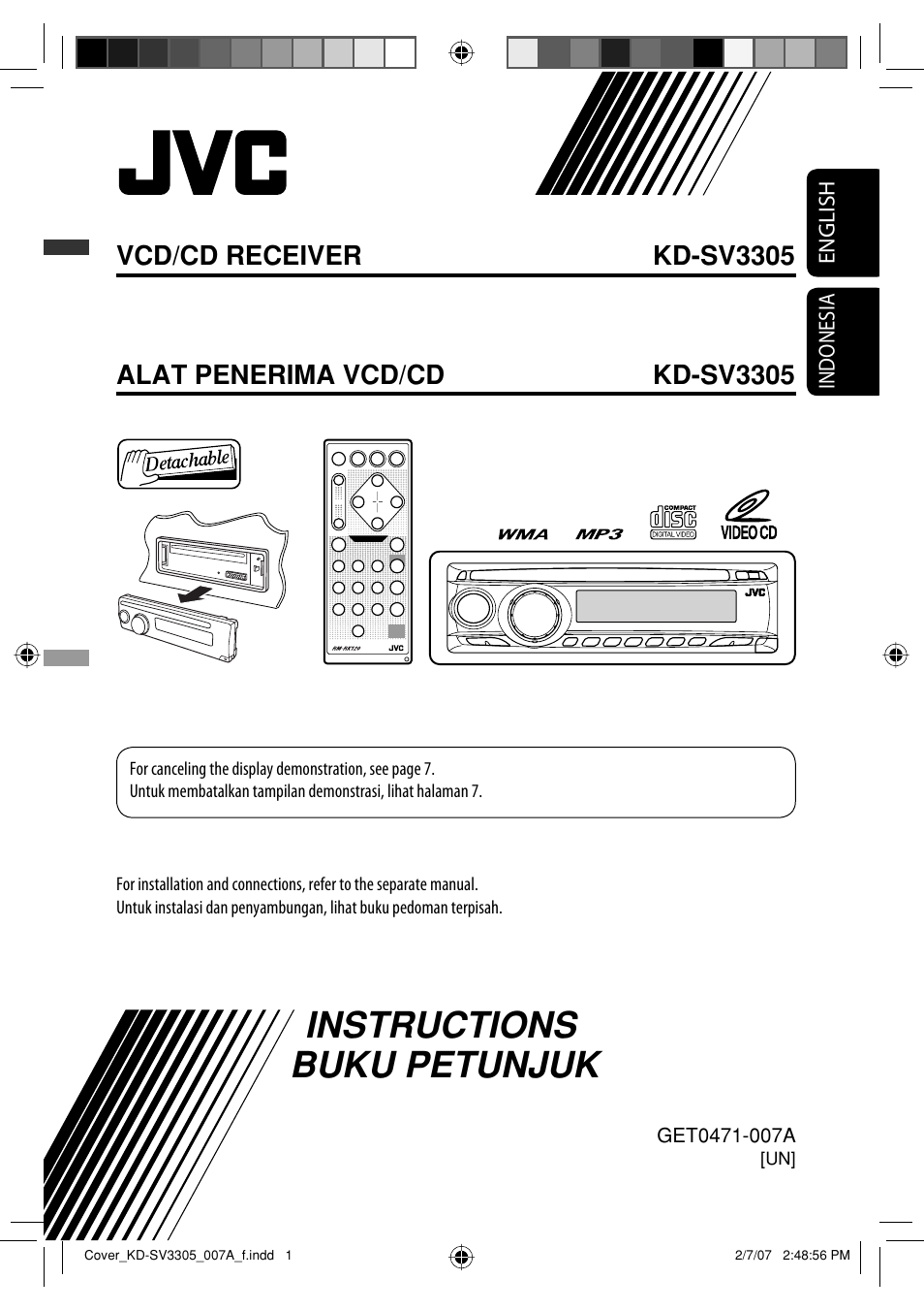 Instructions, Instructions buku petunjuk, Vcd/cd receiver kd-sv3305 | Alat penerima vcd/cd kd-sv3305 | JVC GET0471-001A User Manual | Page 31 / 60
