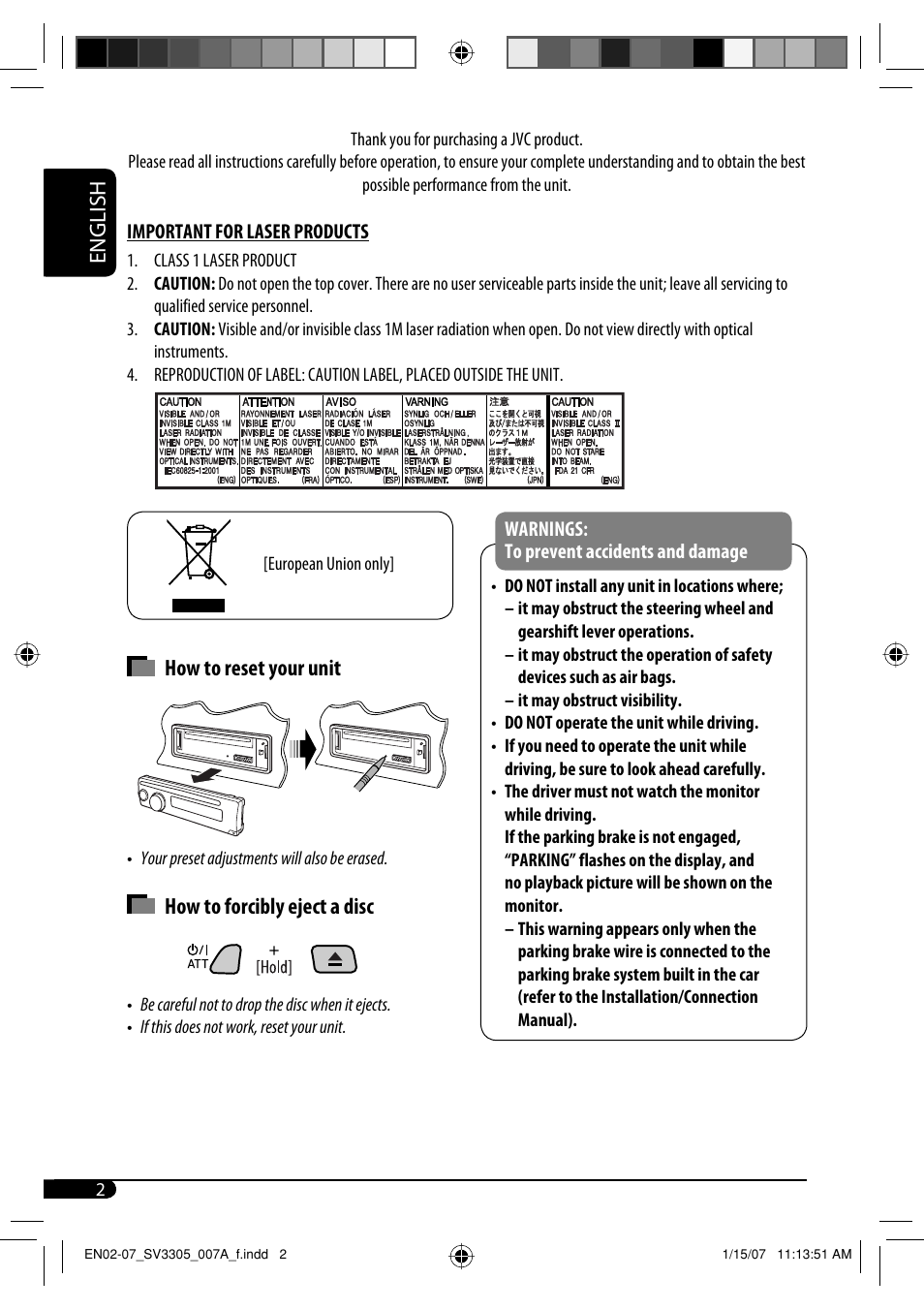 Important for laser products, English, How to reset your unit | How to forcibly eject a disc | JVC GET0471-001A User Manual | Page 32 / 60