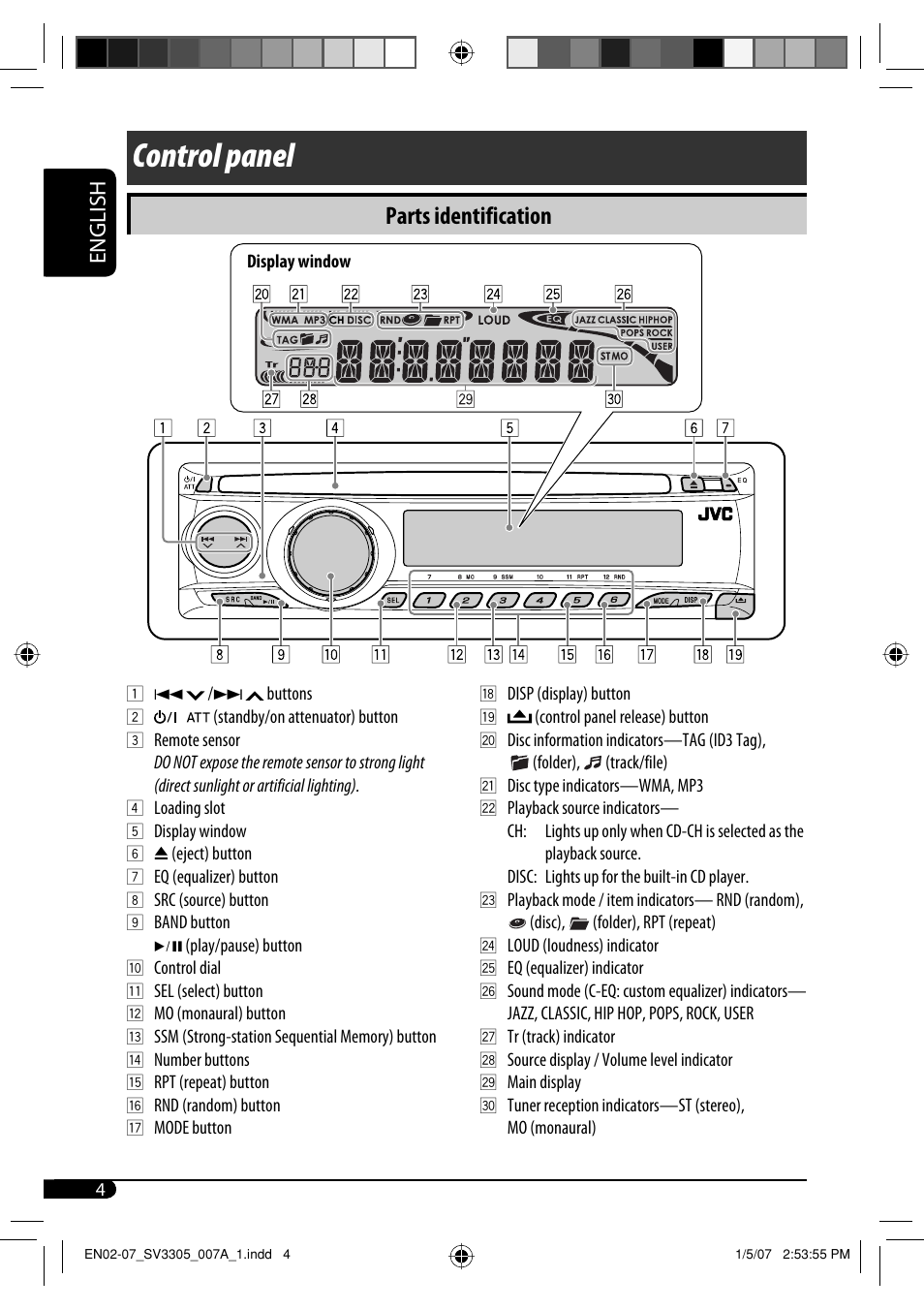 Control panel, Parts identification, English | JVC GET0471-001A User Manual | Page 34 / 60