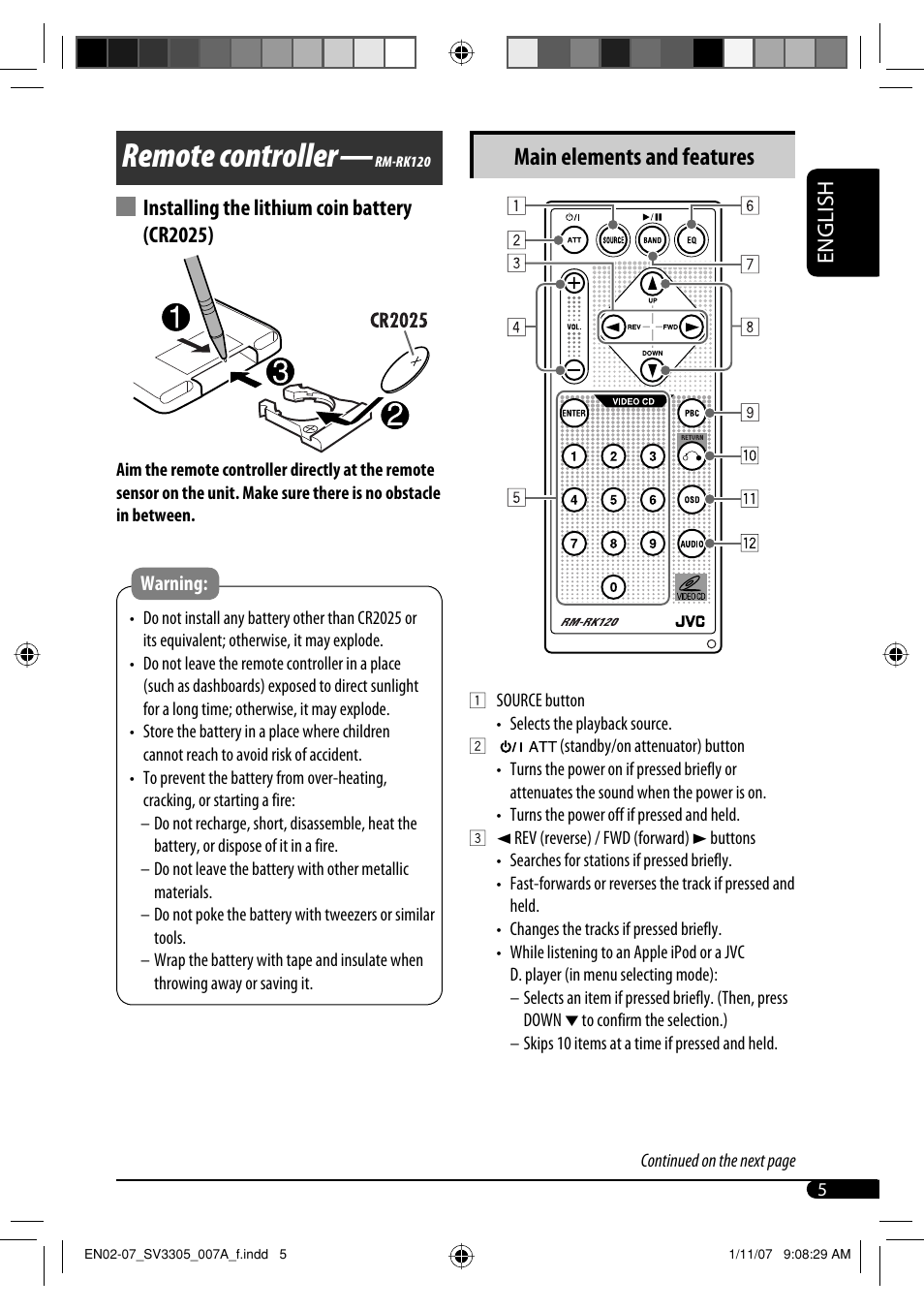 Remote controller, Main elements and features, English | Installing the lithium coin battery (cr2025) | JVC GET0471-001A User Manual | Page 35 / 60