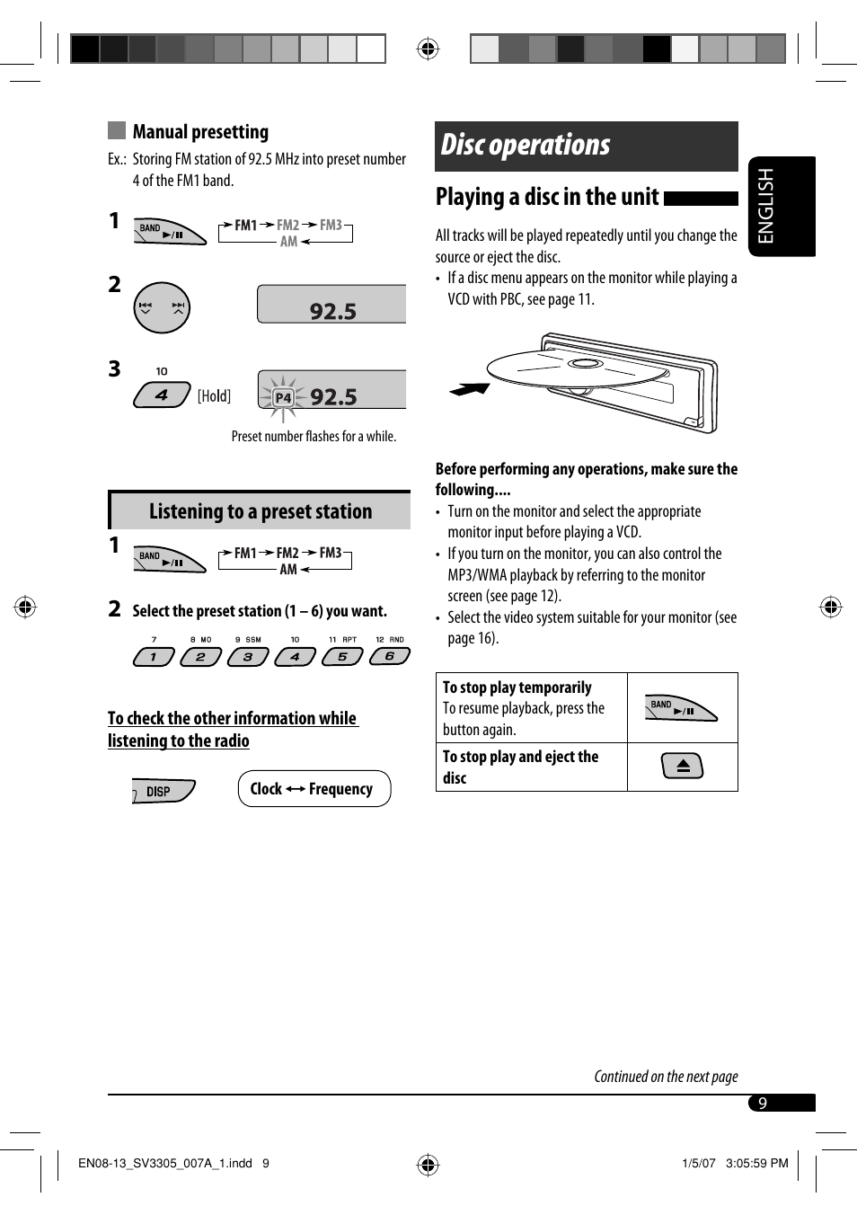 Disc operations, Playing a disc in the unit, Listening to a preset station | JVC GET0471-001A User Manual | Page 39 / 60