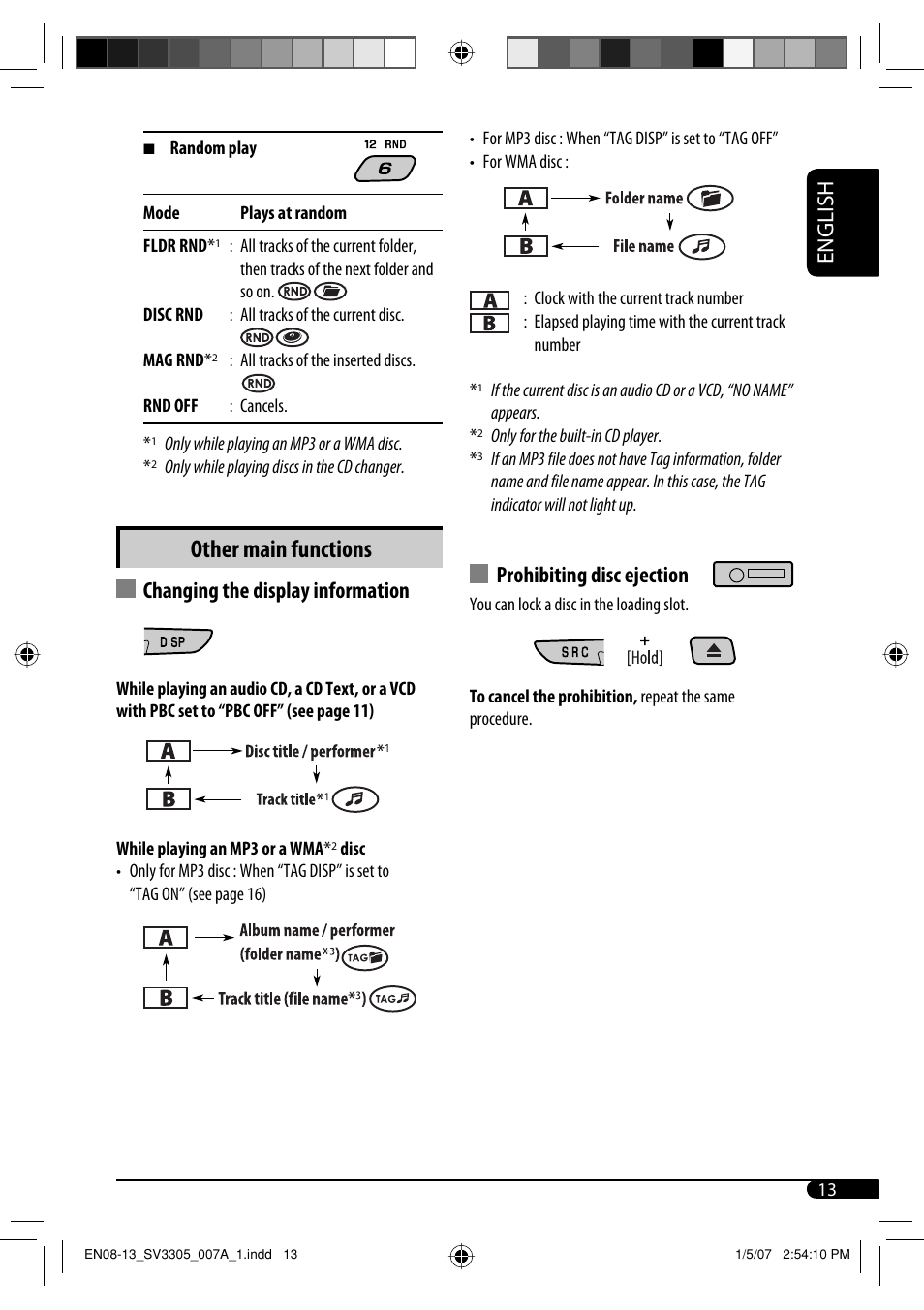 Other main functions, English, Prohibiting disc ejection | Changing the display information | JVC GET0471-001A User Manual | Page 43 / 60