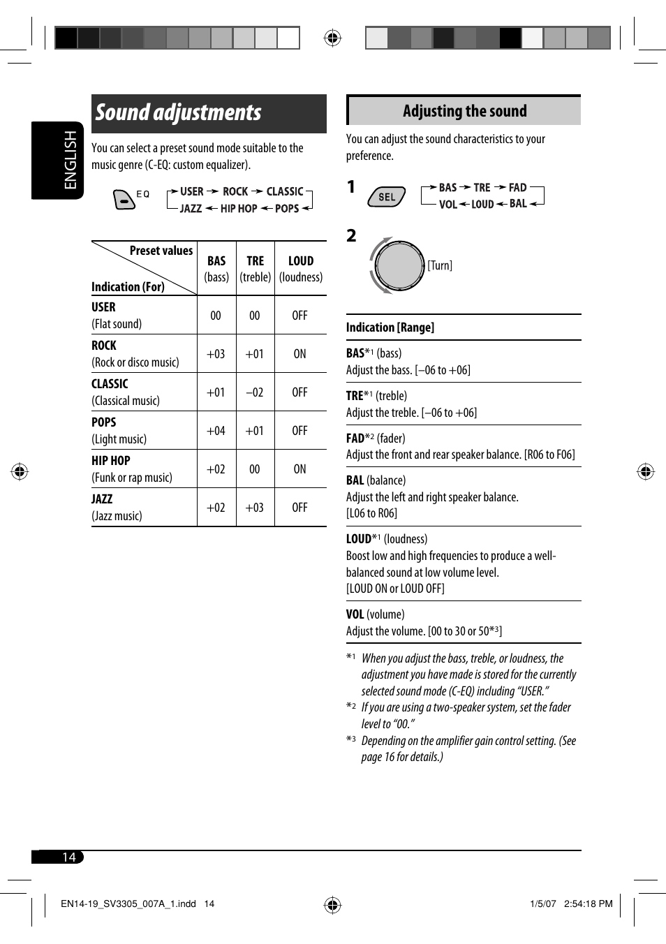 Sound adjustments, Adjusting the sound, English | JVC GET0471-001A User Manual | Page 44 / 60