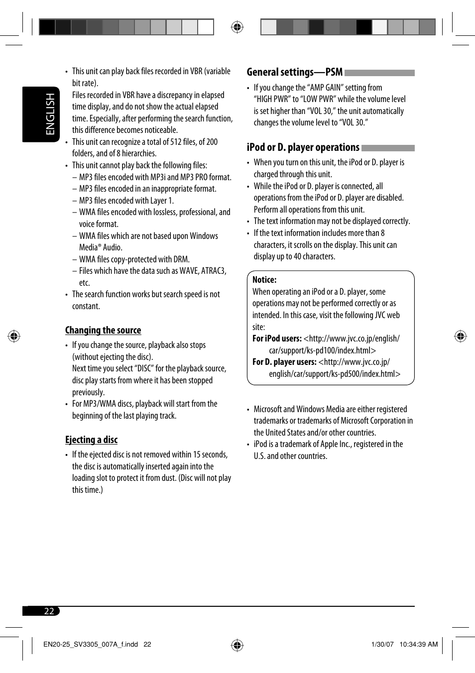 English general settings—psm, Ipod or d. player operations | JVC GET0471-001A User Manual | Page 52 / 60