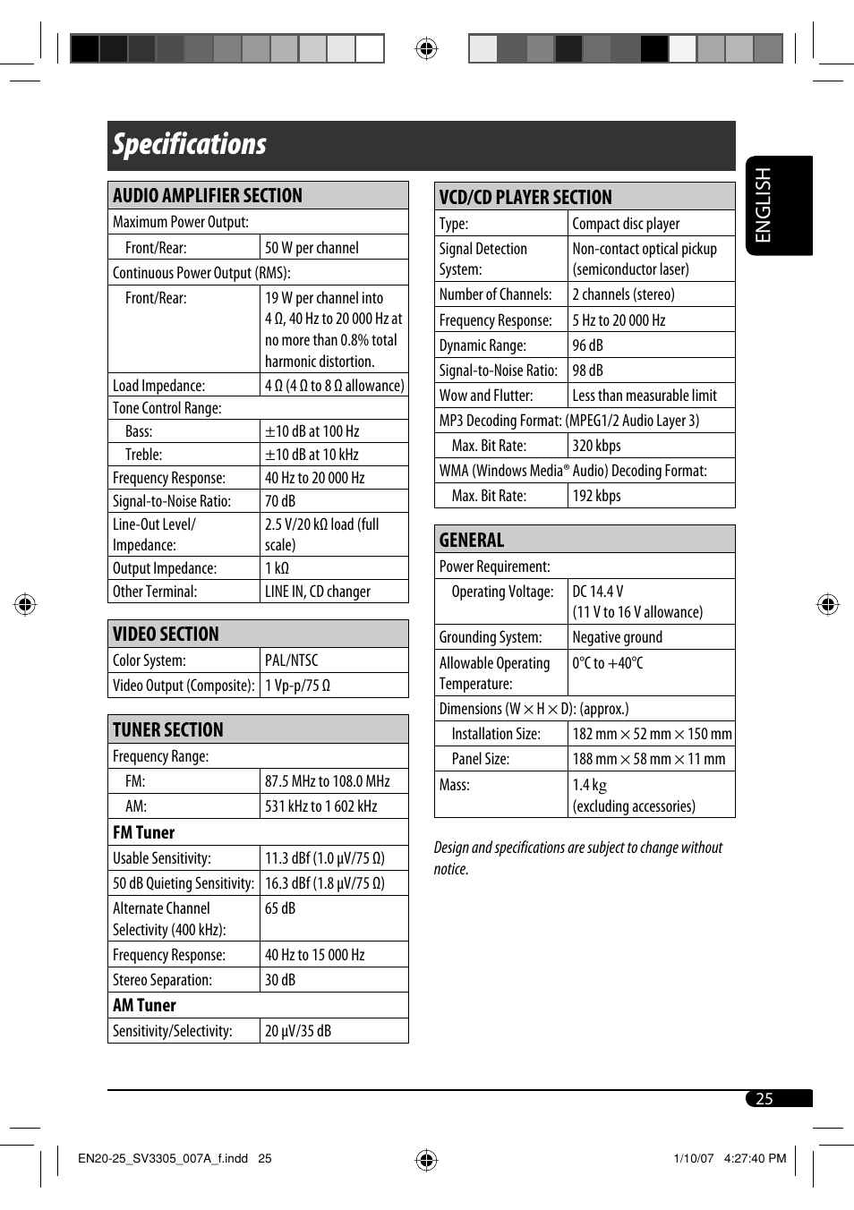 Specifications, English, General | JVC GET0471-001A User Manual | Page 55 / 60