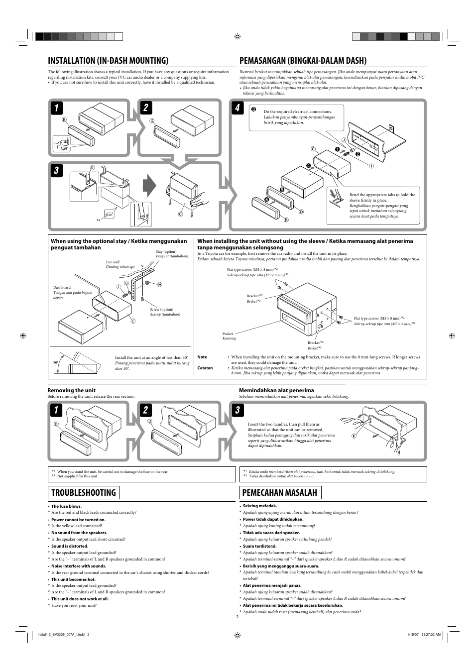 Installation, Removing the unit, Troubleshooting | Installation (in-dash mounting), Pemasangan (bingkai-dalam dash), Pemecahan masalah, Memindahkan alat penerima | JVC GET0471-001A User Manual | Page 58 / 60