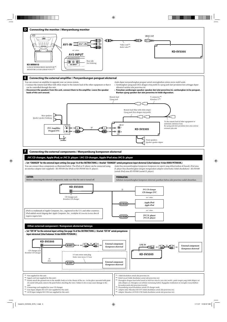 Connecting the monitor / menyambung monitor, Atau jvc d. player, Peringatan | JVC GET0471-001A User Manual | Page 60 / 60