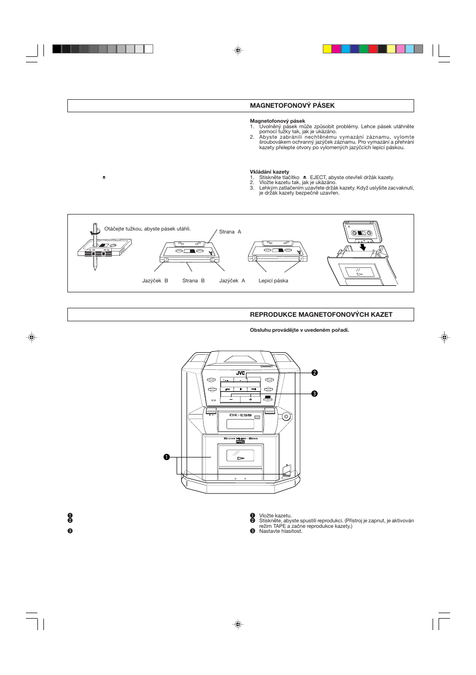 Cassette tape, Cassette playback, Magnetofonový pásek | Reprodukce magnetofonových kazet | JVC DX-E55EV User Manual | Page 38 / 60