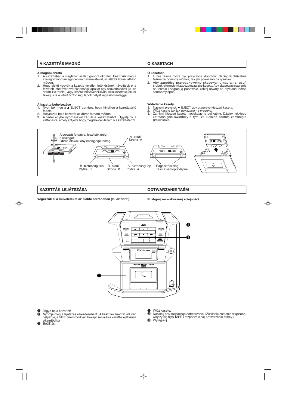 A kazettás magnó, Kazetták lejátszása, O kasetach | Odtwarzanie taśm | JVC DX-E55EV User Manual | Page 39 / 60