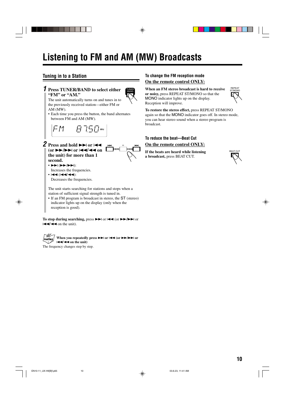Listening to fm and am (mw) broadcasts, Tuning in to a station | JVC 0603MWMMDWORI User Manual | Page 13 / 26