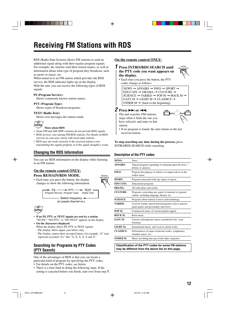 Receiving fm stations with rds, Changing the rds information, Searching for programs by pty codes (pty search) | JVC 0603MWMMDWORI User Manual | Page 15 / 26