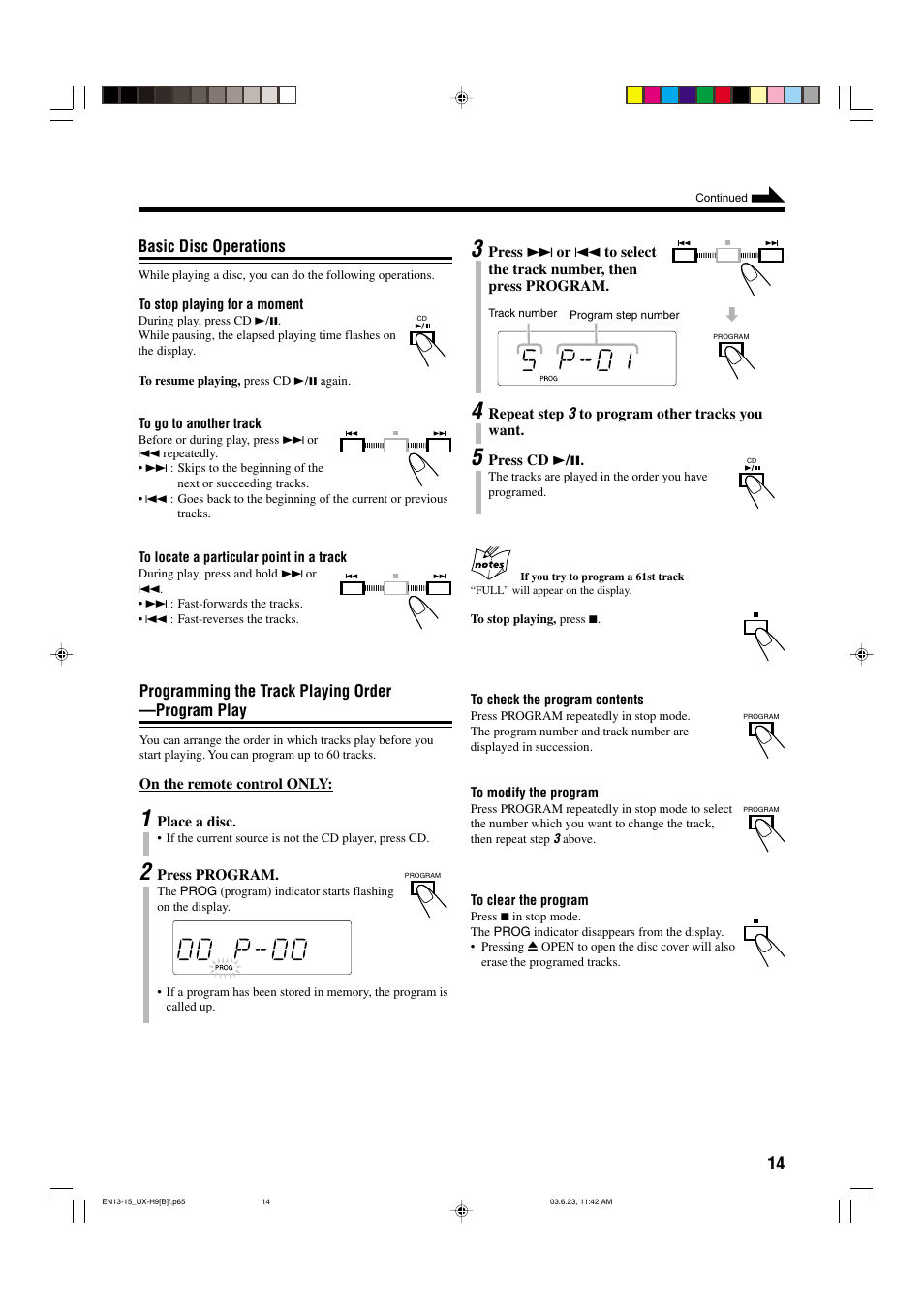 Basic disc operations, Programming the track playing order —program play | JVC 0603MWMMDWORI User Manual | Page 17 / 26