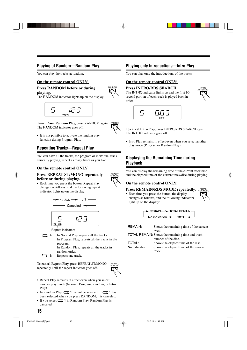 Playing at random—random play, Repeating tracks—repeat play, Playing only introductions—intro play | Displaying the remaining time during playback | JVC 0603MWMMDWORI User Manual | Page 18 / 26