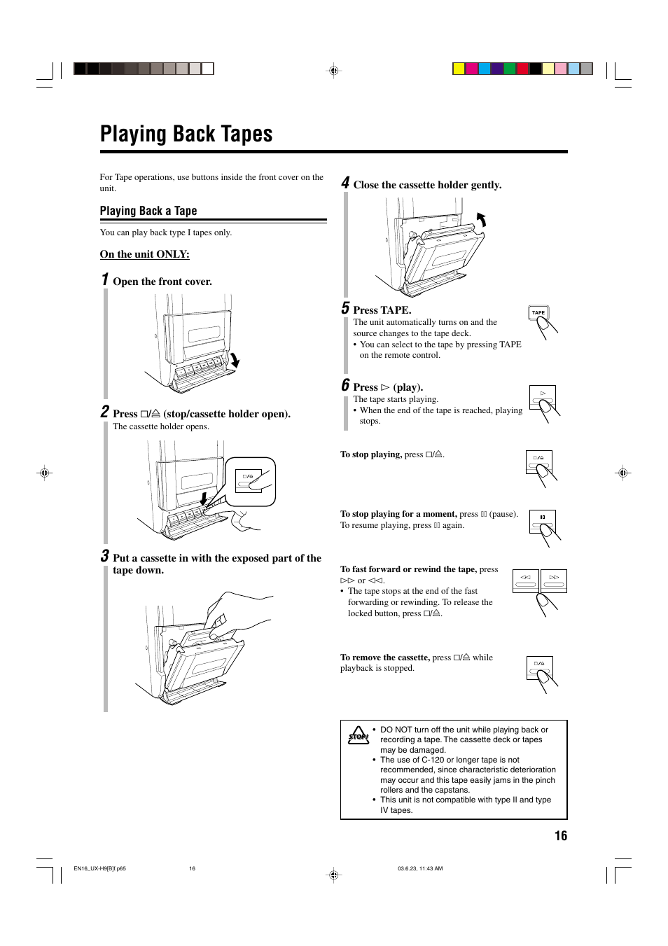 Playing back tapes | JVC 0603MWMMDWORI User Manual | Page 19 / 26