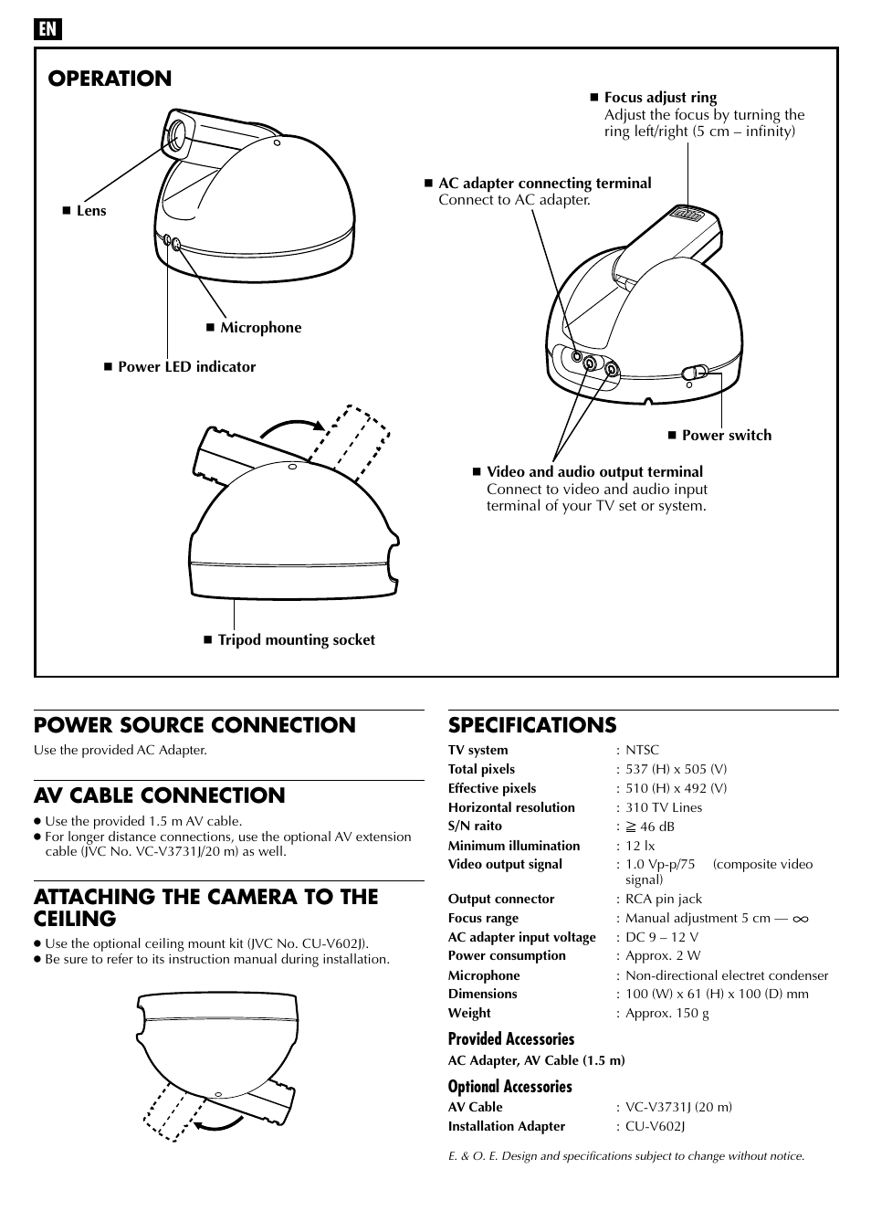 Power source connection, Av cable connection, Attaching the camera to the ceiling | Specifications, Operation | JVC LYT0008-045A User Manual | Page 2 / 2
