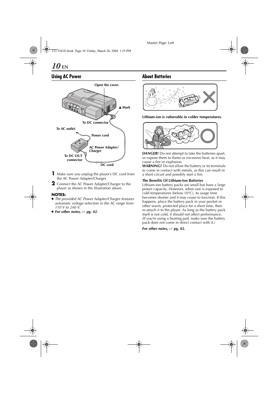 Using ac power 1, About batteries | JVC LYT1300-001A User Manual | Page 10 / 60