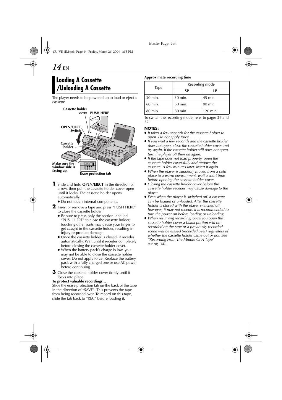 Loading a cassette /unloading a cassette, Loading a cassette, Unloading a cassette | JVC LYT1300-001A User Manual | Page 14 / 60