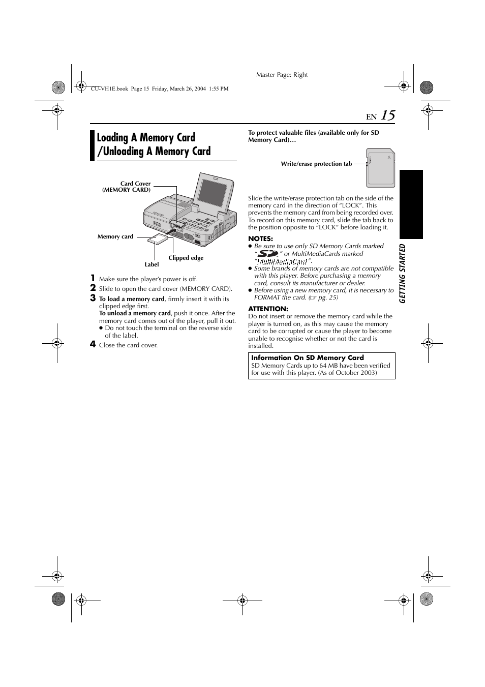 Loading a memory card /unloading a memory card, Loading a memory card, Unloading a memory card | JVC LYT1300-001A User Manual | Page 15 / 60
