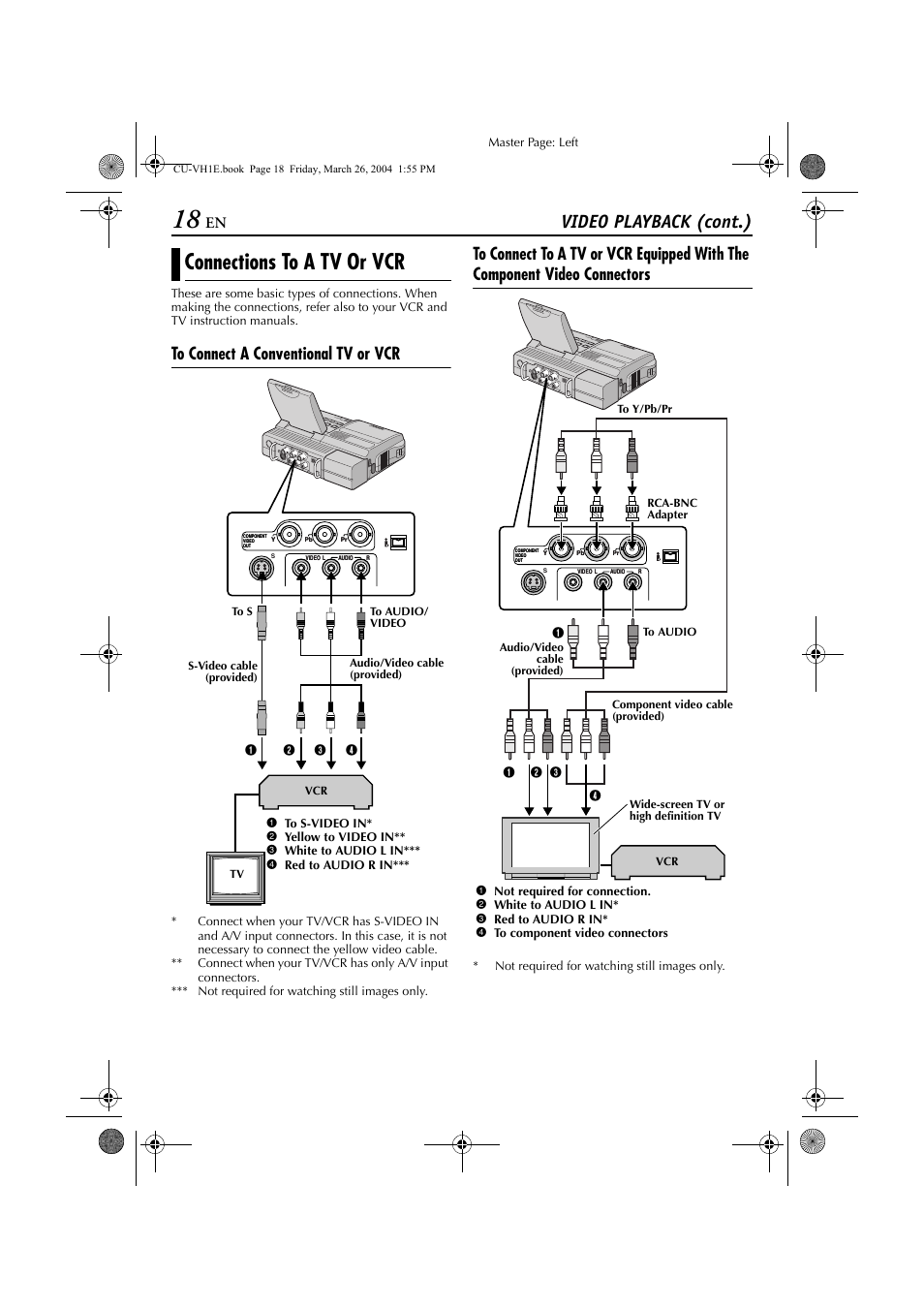 Connections to a tv or vcr, Pg. 18), Video playback (cont.) | JVC LYT1300-001A User Manual | Page 18 / 60