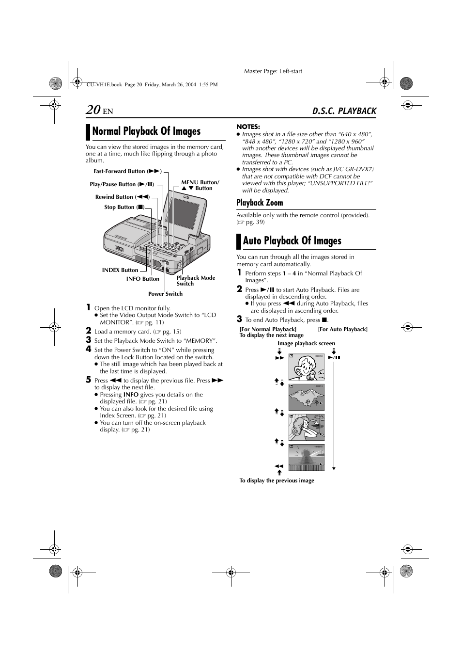 Digital still camera (d.s.c.) playback, D.s.c. playback, Normal playback of images | Auto playback of images, Normal playback of images auto playback of images, Playback zoom | JVC LYT1300-001A User Manual | Page 20 / 60