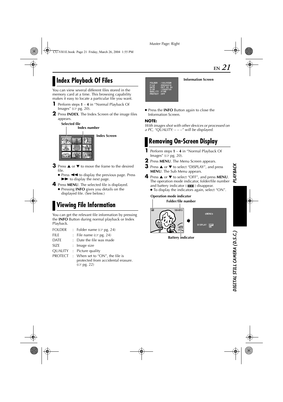 Index playback of files, Viewing file information, Removing on-screen display | File, Pg. 21), Index playback of files viewing file information | JVC LYT1300-001A User Manual | Page 21 / 60