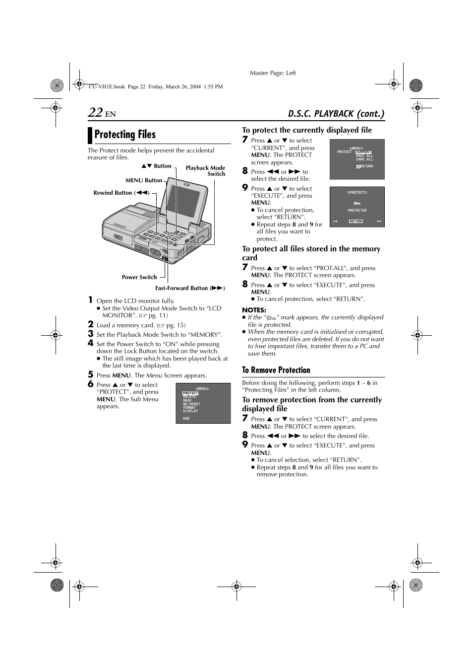 Protecting files, Pg. 22), D.s.c. playback (cont.) | JVC LYT1300-001A User Manual | Page 22 / 60