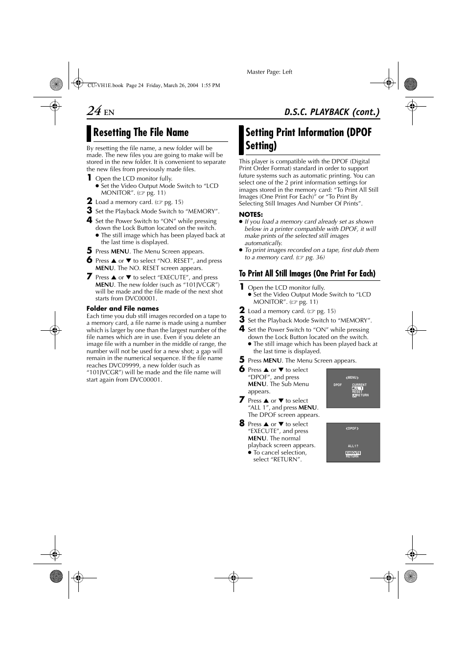 Resetting the file name, Setting print information (dpof setting), Older name | Pg. 24), Ile name, D.s.c. playback (cont.) | JVC LYT1300-001A User Manual | Page 24 / 60