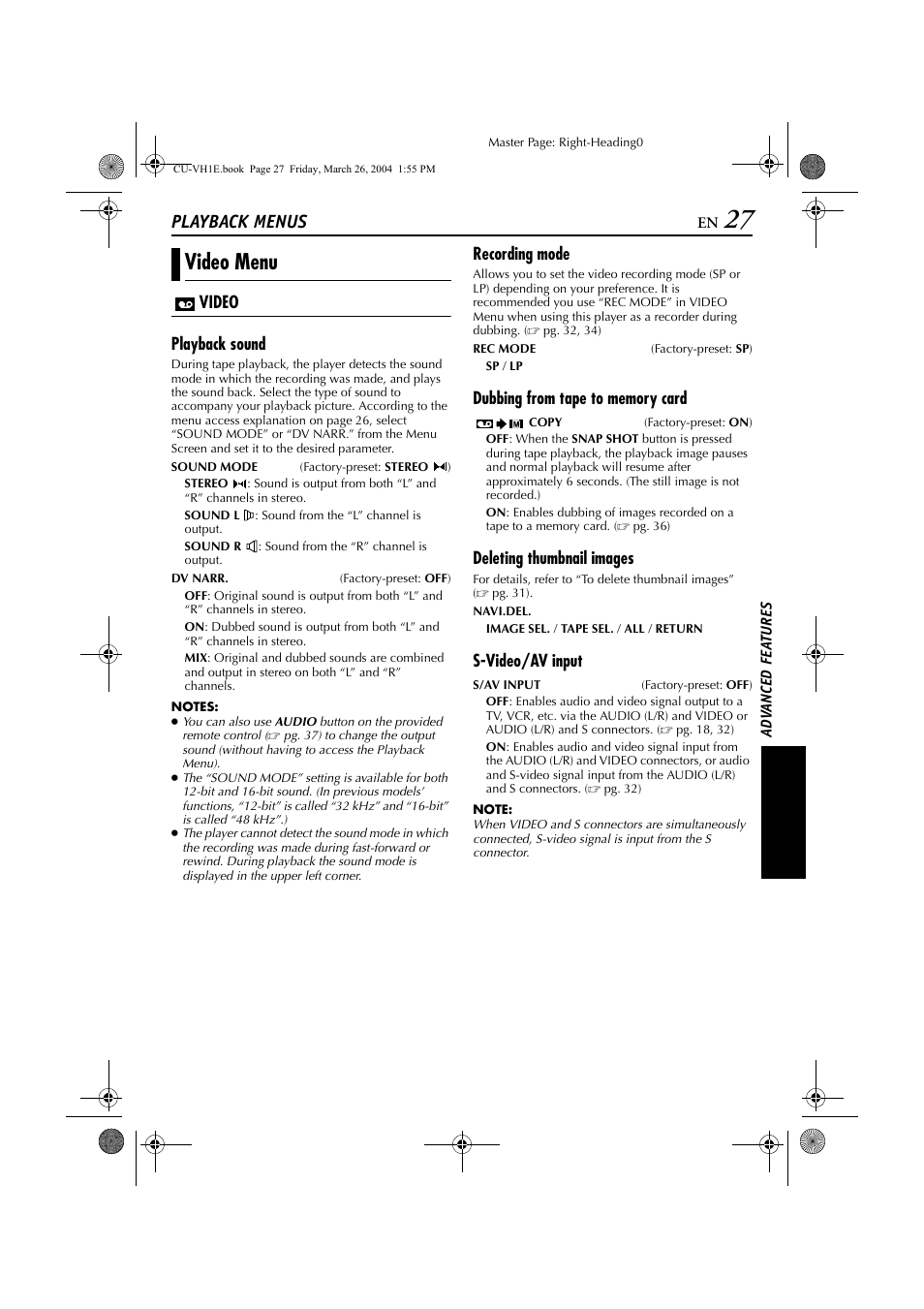 Playback menus, Pg. 27, Video menu | JVC LYT1300-001A User Manual | Page 27 / 60