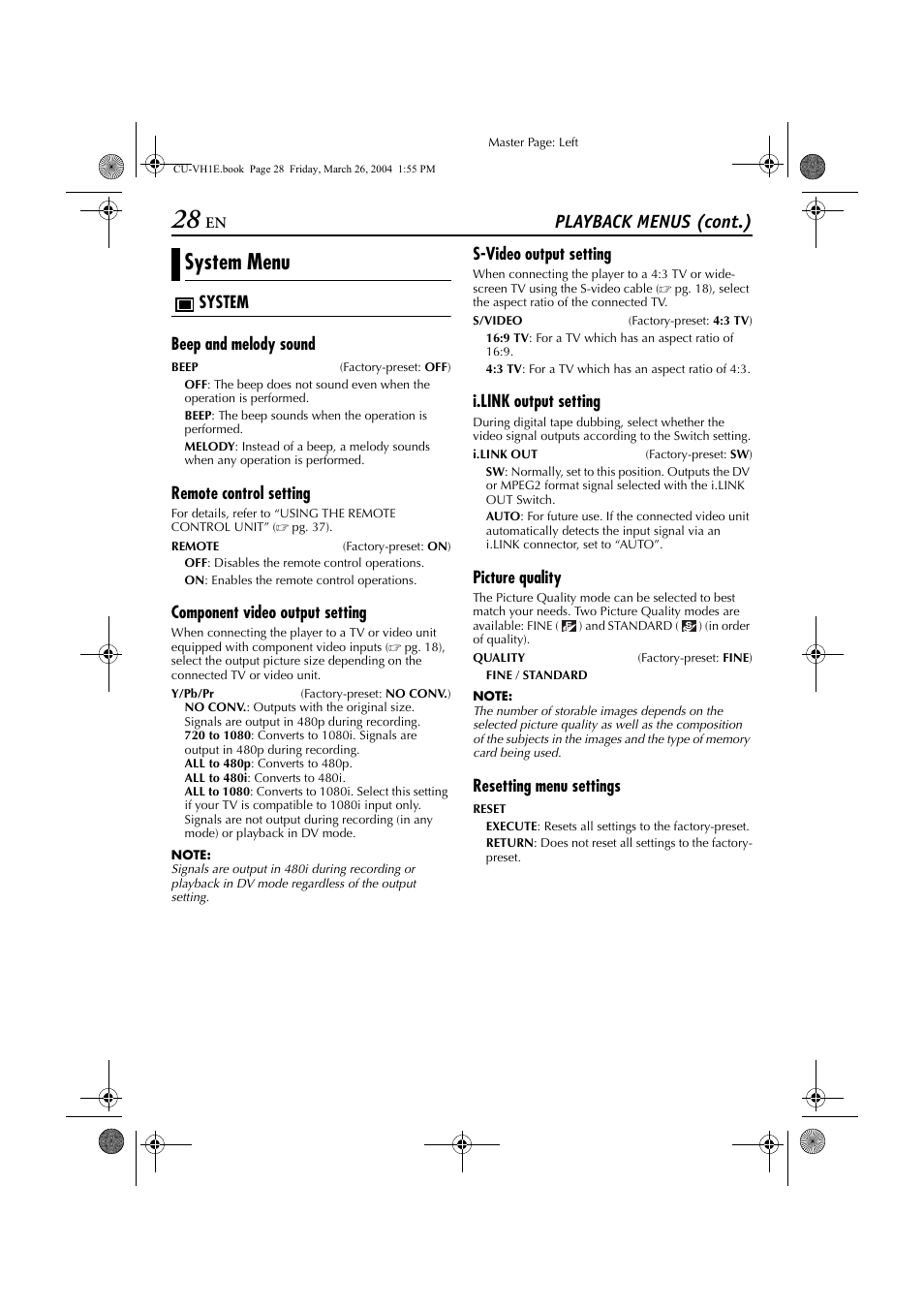 System menu, Playback menus (cont.) | JVC LYT1300-001A User Manual | Page 28 / 60