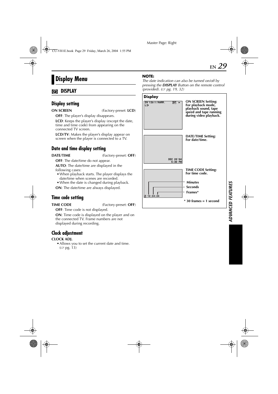 Display menu, Display display setting, Date and time display setting | Time code setting, Clock adjustment | JVC LYT1300-001A User Manual | Page 29 / 60