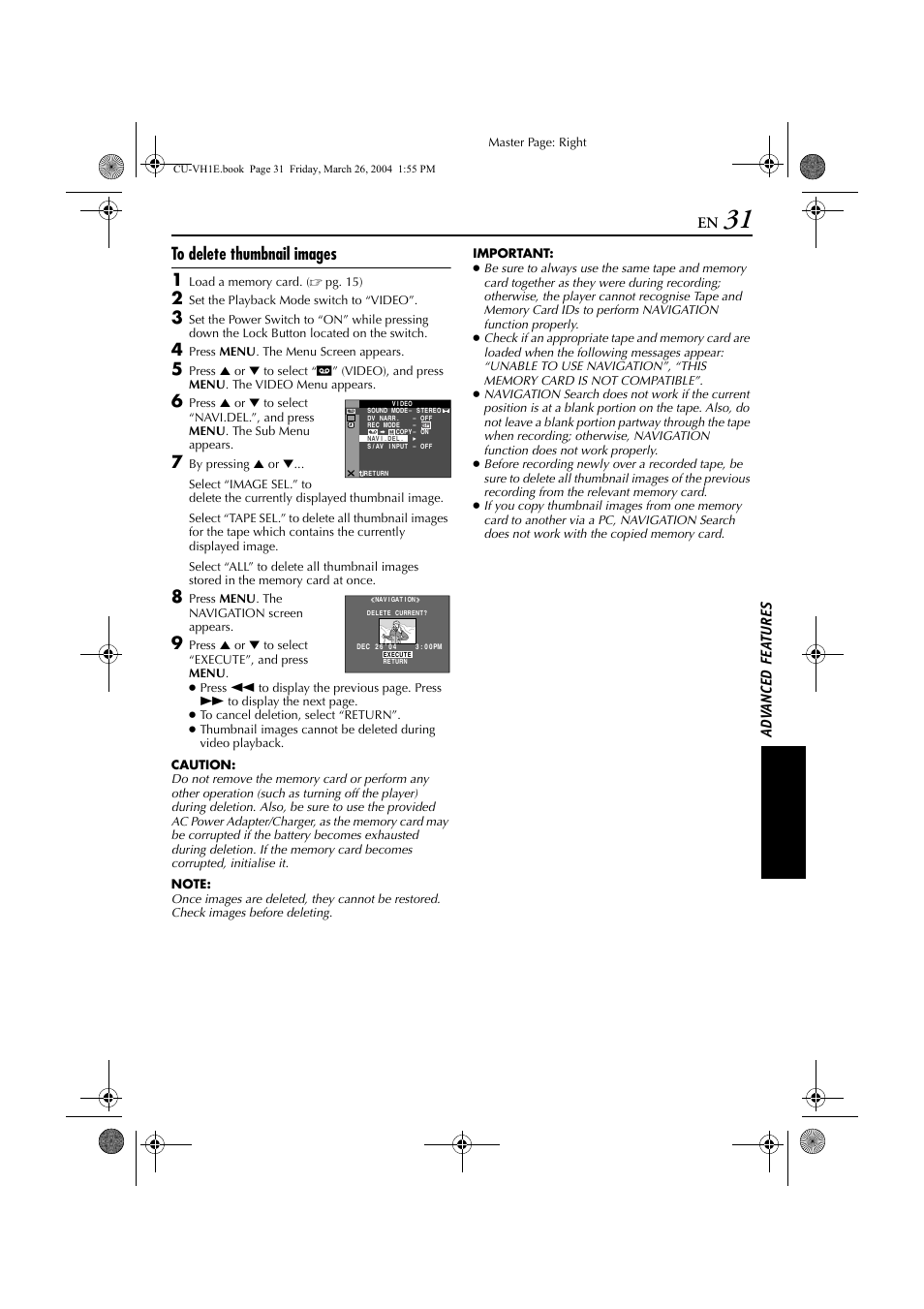 To delete thumbnail images, Pg. 31), Ad v a nced fe a ture s | JVC LYT1300-001A User Manual | Page 31 / 60