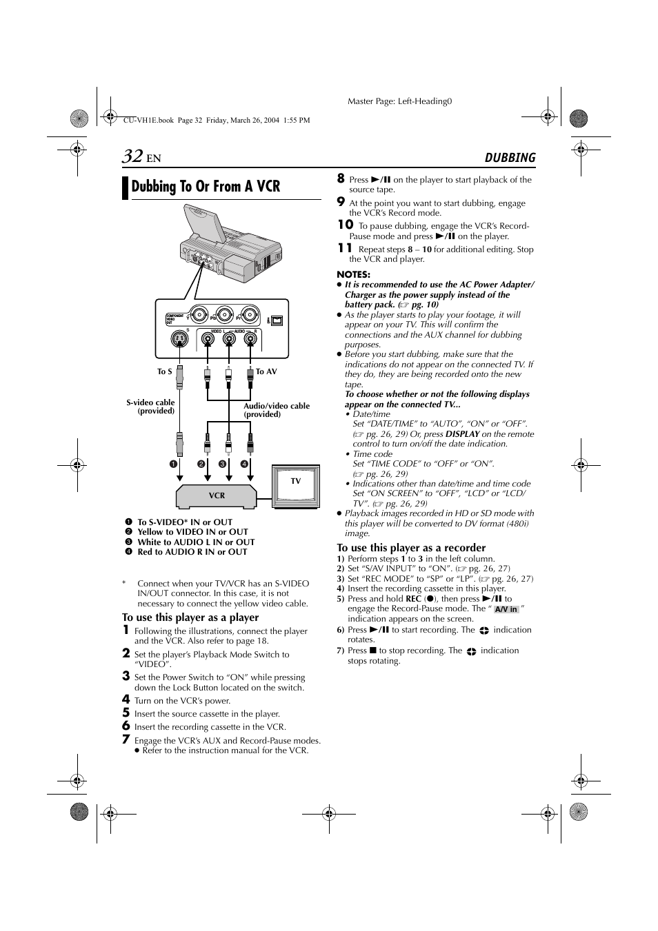 Dubbing, Dubbing to or from a vcr, Pg. 32 | D s connectors, Pg. 32) | JVC LYT1300-001A User Manual | Page 32 / 60