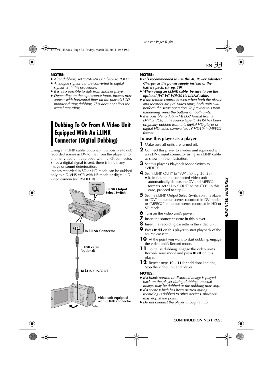 Dubbing to or from a video unit equipped with, An i.link connector (digital dubbing) | JVC LYT1300-001A User Manual | Page 33 / 60
