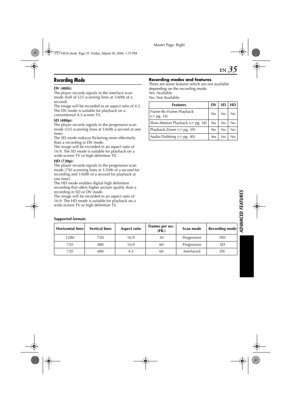 Recording mode | JVC LYT1300-001A User Manual | Page 35 / 60