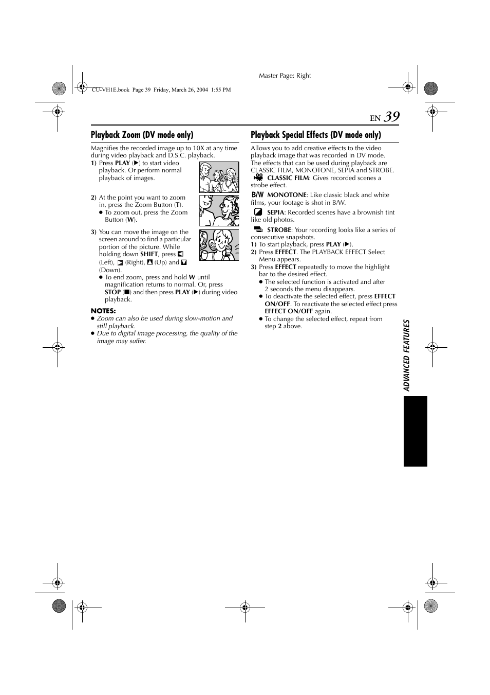 Pg. 39), Zoom, Vided) | Playback zoom (dv mode only), Playback special effects (dv mode only) | JVC LYT1300-001A User Manual | Page 39 / 60