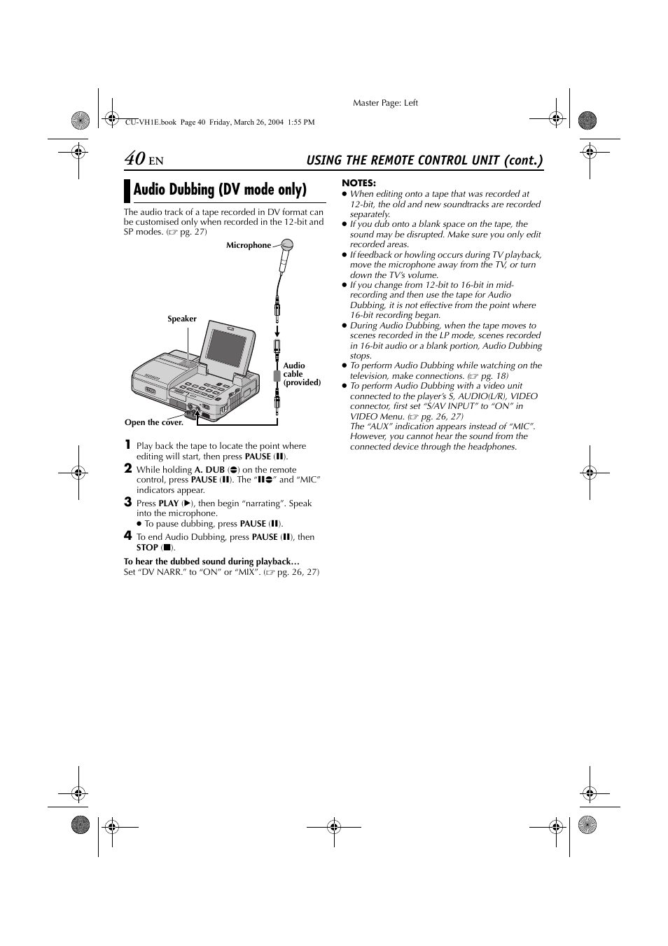 Audio dubbing (dv mode only), Pg. 40), Using the remote control unit (cont.) | JVC LYT1300-001A User Manual | Page 40 / 60
